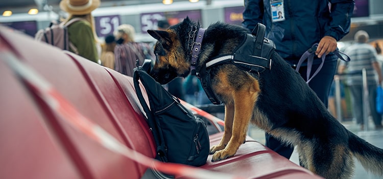uniformed k9 sniffs backpack in travel terminal with handler