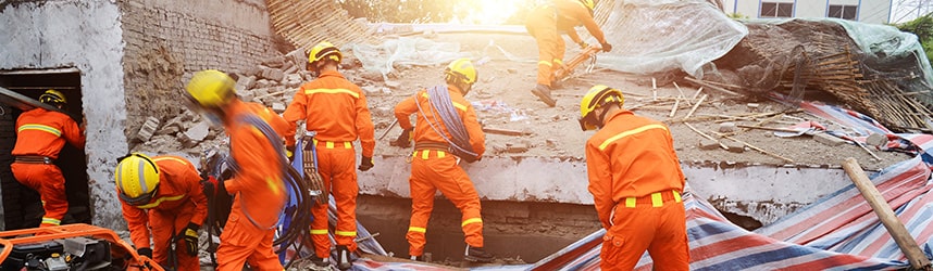 rescue team searching destroyed building