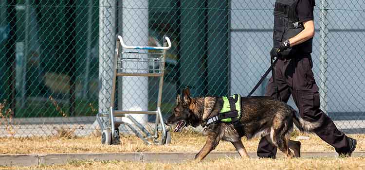 agent walking drug sniffing dog at chain link fence border