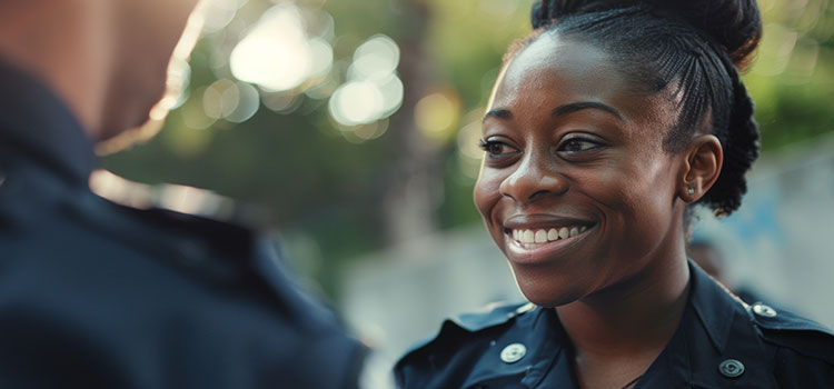 female law enforcement officer converses with colleague