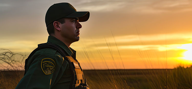 patrol officer views sunset in desert landscape