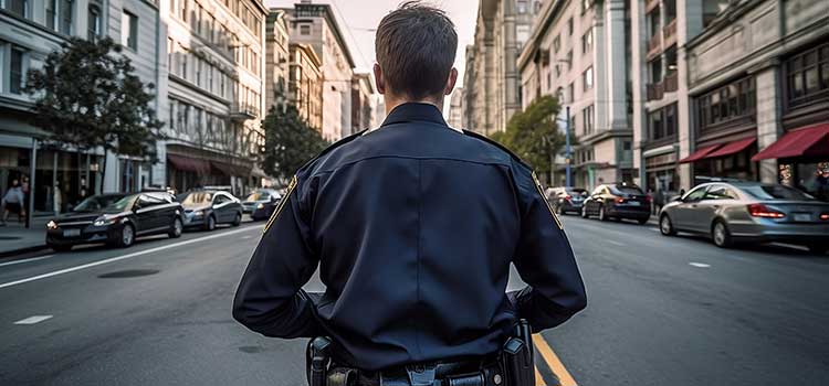 police officer stands in street and stares down main road of city