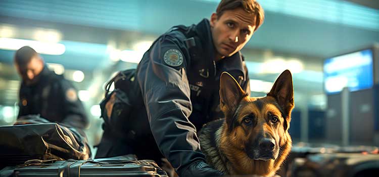 security officers work with police dog at busy airpost baggage terminal