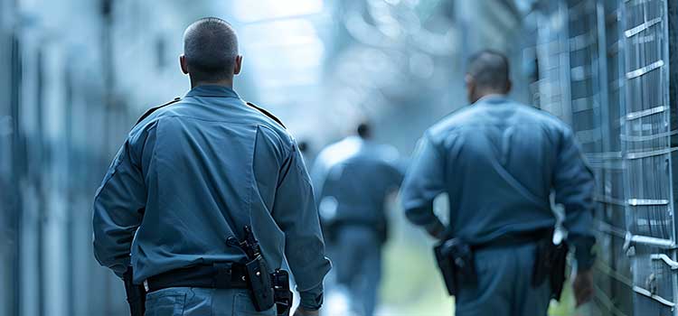 two correctional officers walk down row of inmate cells for inspection