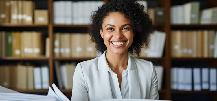 smiling georgia paralegal prepares to file papers in law library archives