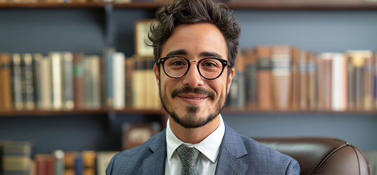 smiling paralegal wearing glasses in front of law library of books