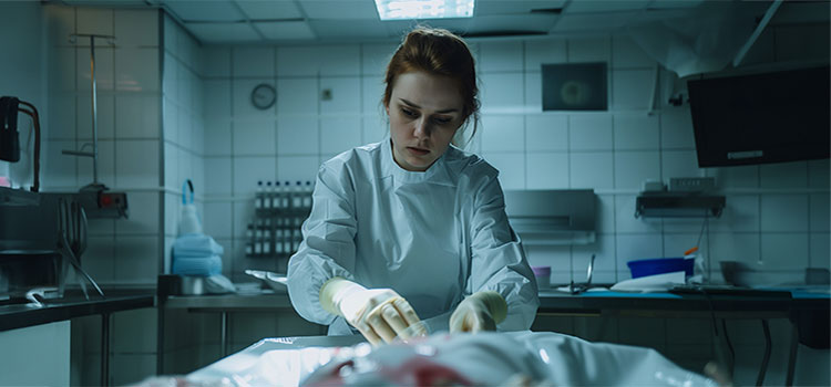 medicalegal investigator in lab looks at body to make an assessment of crime