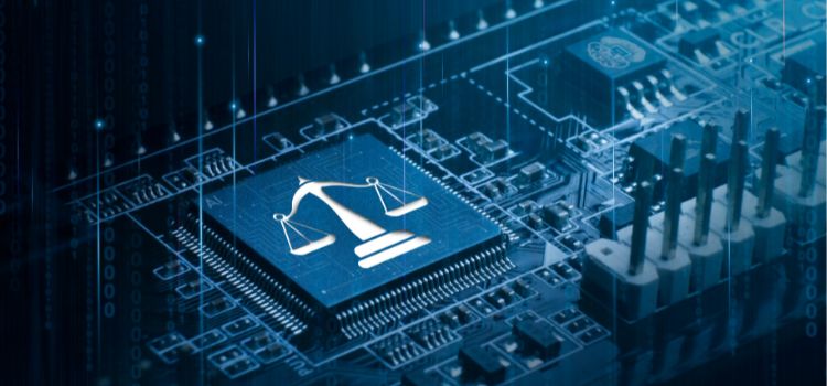 illustration of the scales of justice etched onto a computer chip