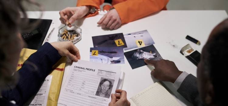 Investigators examining criminal profiles and evidence at desk filled with photos, papers, and tools. Hands holding documents and pointing at evidence pieces