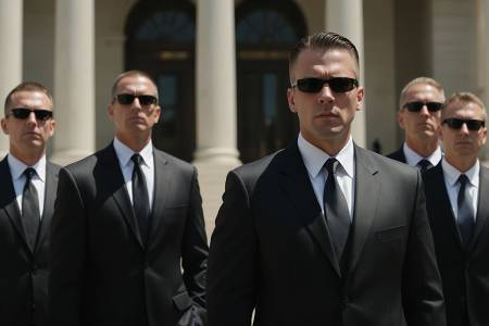 Secret service, A group of men in suits and sunglasses, representing security services. for depicting security detail, professional protection, or law enforcement.