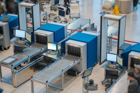 overhead view of an airport security checkpoint