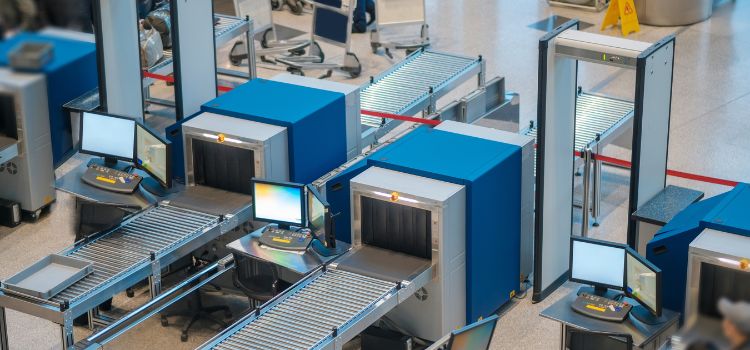 overhead view of an airport security checkpoint